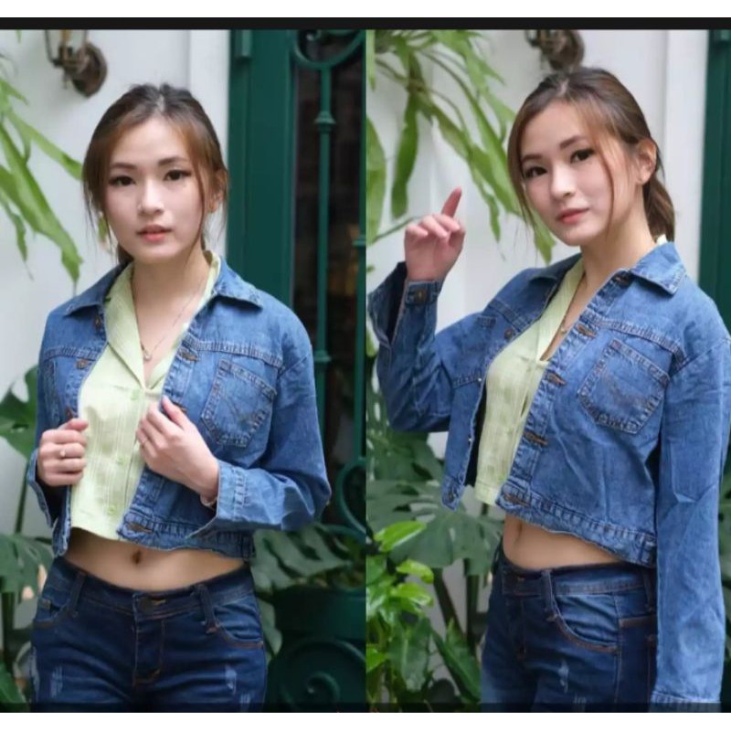 JAKET CROP WANITA GIRLS SNOW BIRU KOREAN STYLE JEANS DENIM JINS JAKET WANITA CEWEK CEWE JAKET MURAH