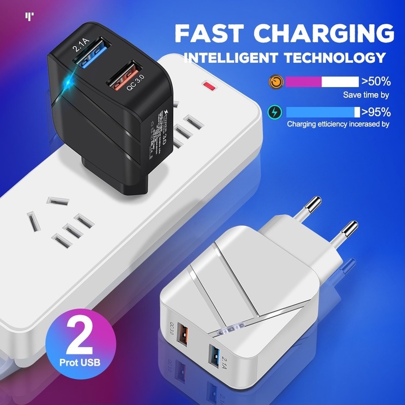 Adapter Charger Handphone 28W Multi Port USB Fast Charging Portable Plug US / EU Dengan Lampu Untuk Travel