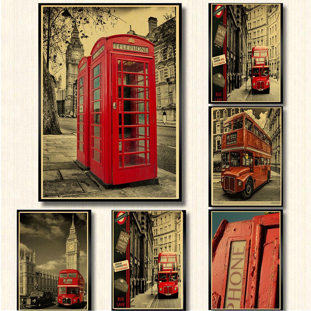 Poster Desain London Red Busses Dan Telepon Booths Gaya Retro Vintage Untuk Dekorasi Cafe Bar