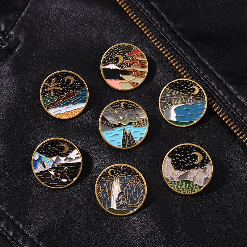 7 Styles Cartoon Starry Sky Moon Lapel Pin Mountains River Enamel Brooch Whale Backpack Badge Collectible Gift