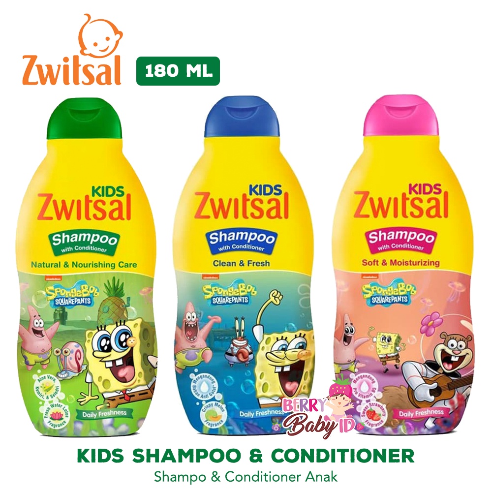 Zwitsal Kids Shampoo With Conditioner Green Pink Blue 180ml Berry Mart