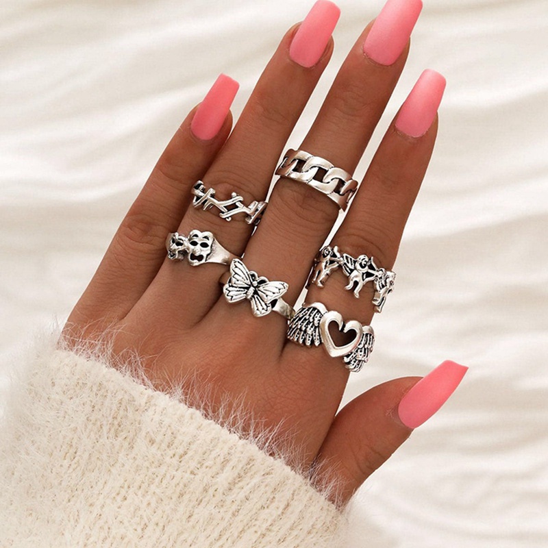 Fancyqube Set Cincin Rantai Desain Kupu-Kupu Bunga Geometris Gaya Vintage Bohemian Punk Gothic Untuk Wanita