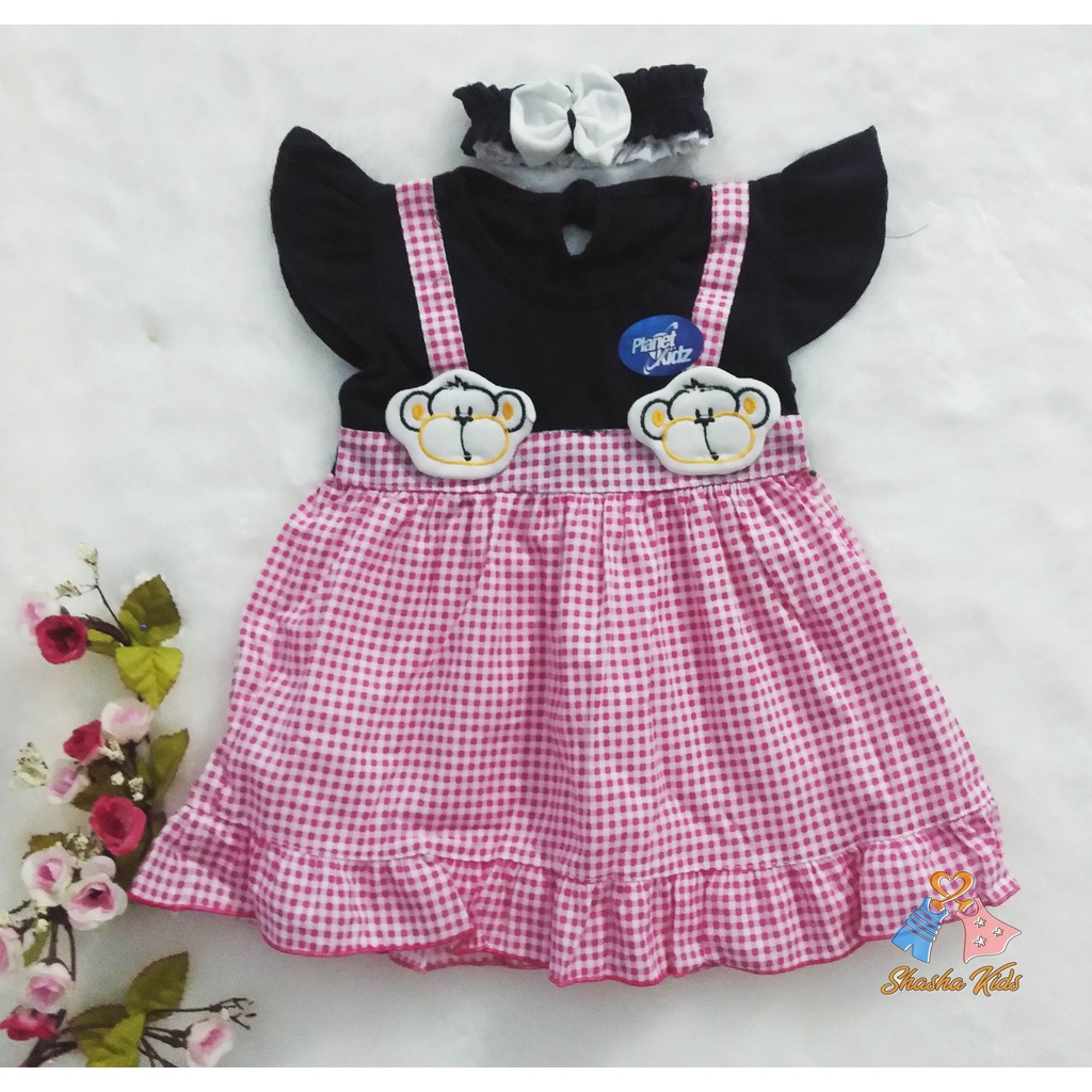 [S-01] Baju Bayi Perempuan/Dress Bayi  Perempuan Planet Kids monyet  Murah   0-6 bln Bonus BANDANA