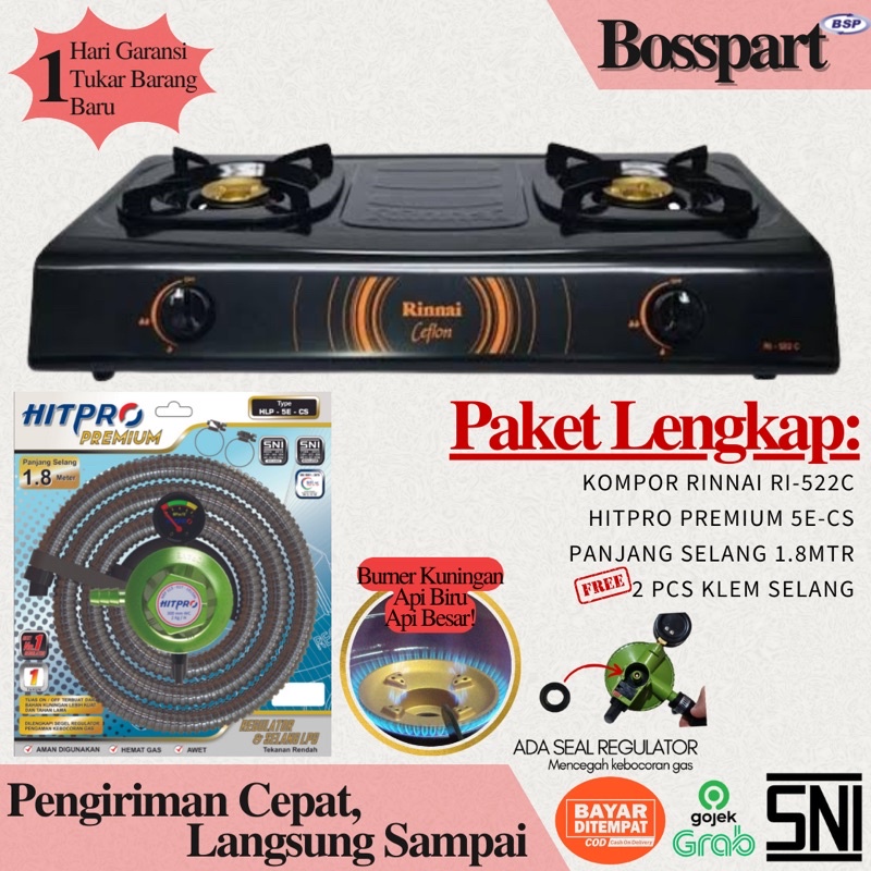 Paket Kompor Gas Rinnai 2 Tungku RI 522C bonus selang regulator gas hitpro