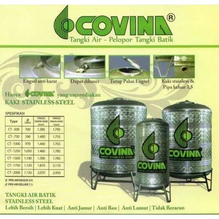 Tangki Air / Tandon Toren Stainless merk Covina tipe CT-1250 BKK