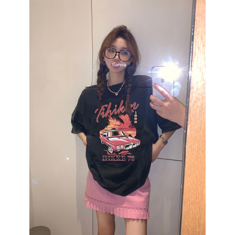 baju kaos wanita letters car graphic printing oversize atasan wanita korean style t shirt loose vintage top