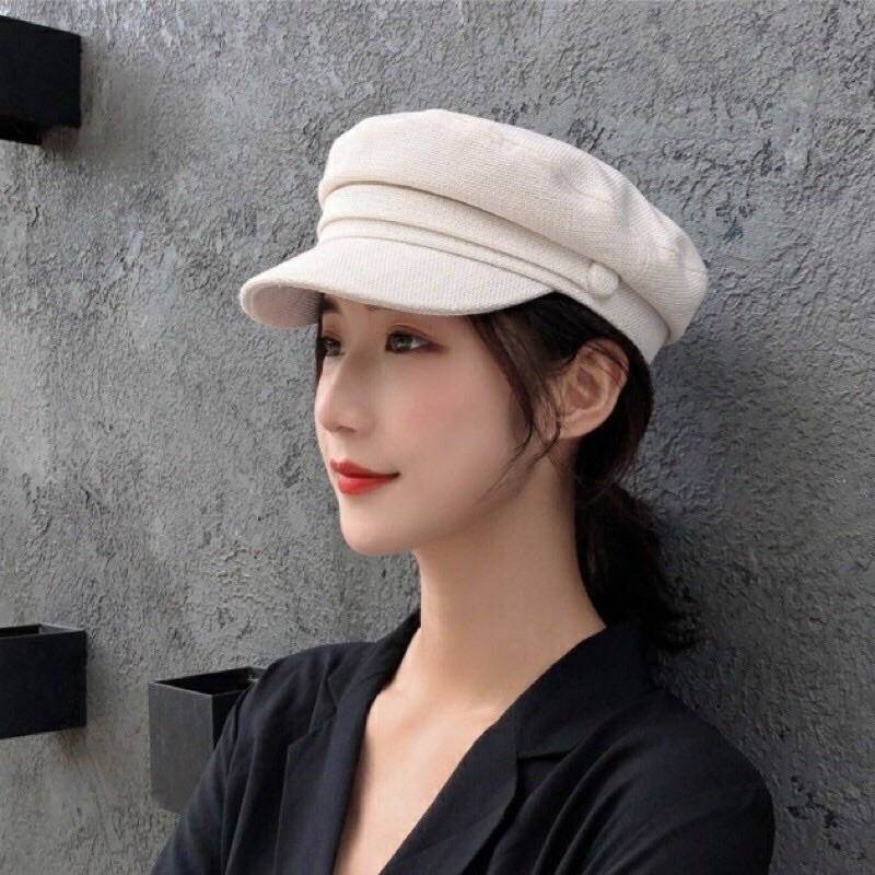 Topi Wanita Korea Fashion Oktagonal Wol Police-Topi Putih Cream