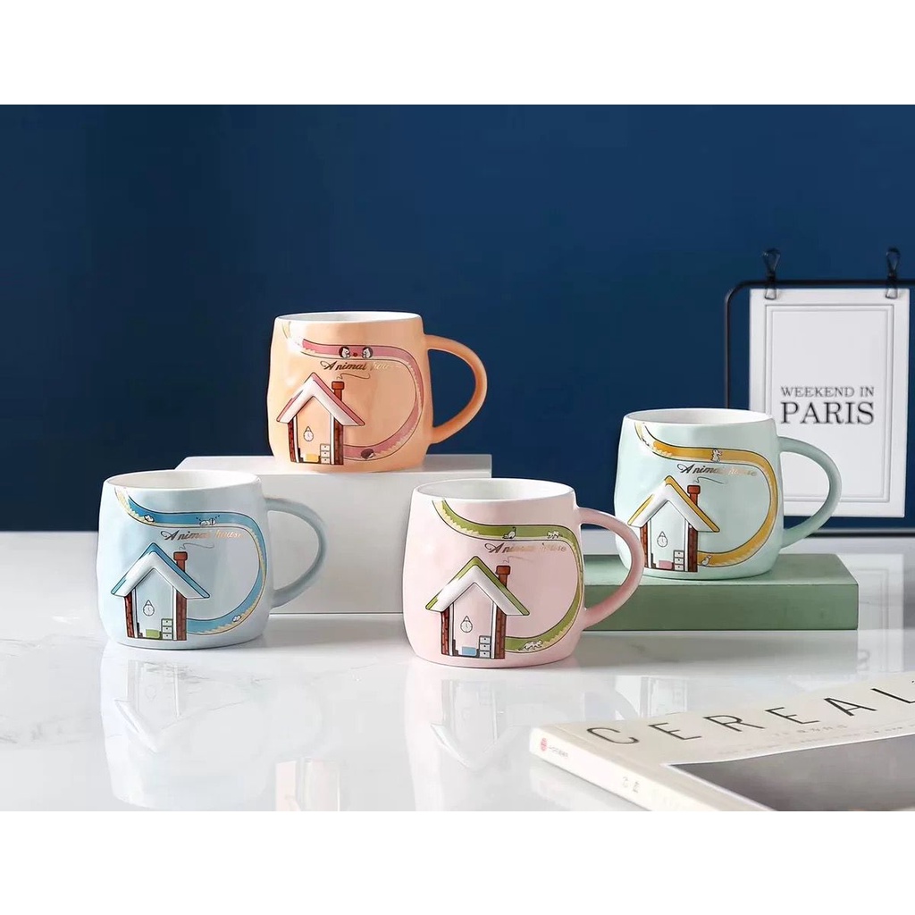 Mug Keramik Cangkir Keramik Uk 420ML Motif House 3D Timbul