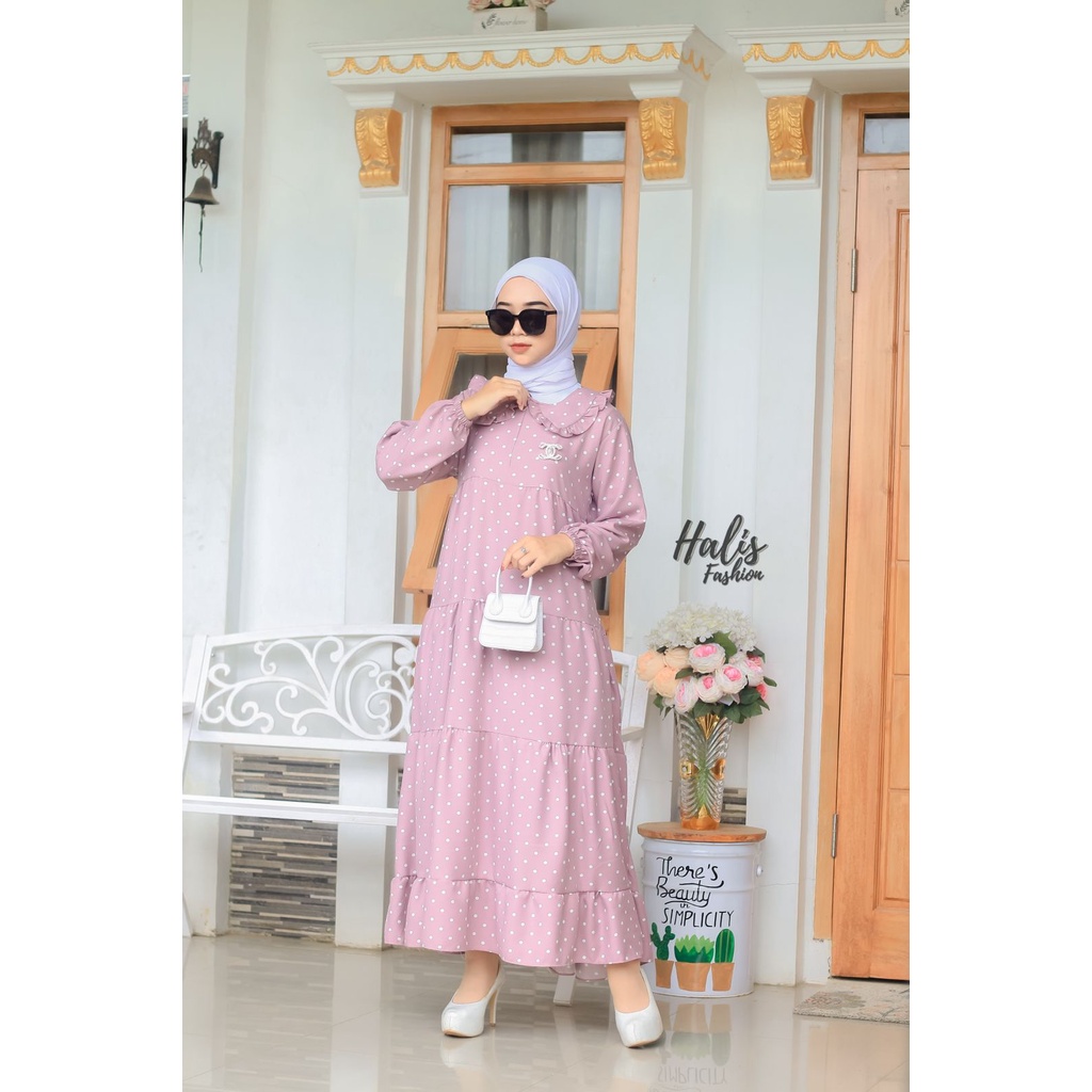 MIDI DRESS KATUN SHAKILA ABSTRAK SALUR POLKA ORIGINAL HALIS FASHION busana muslim baju wanita dress syari kajep maxidress gaun pesta