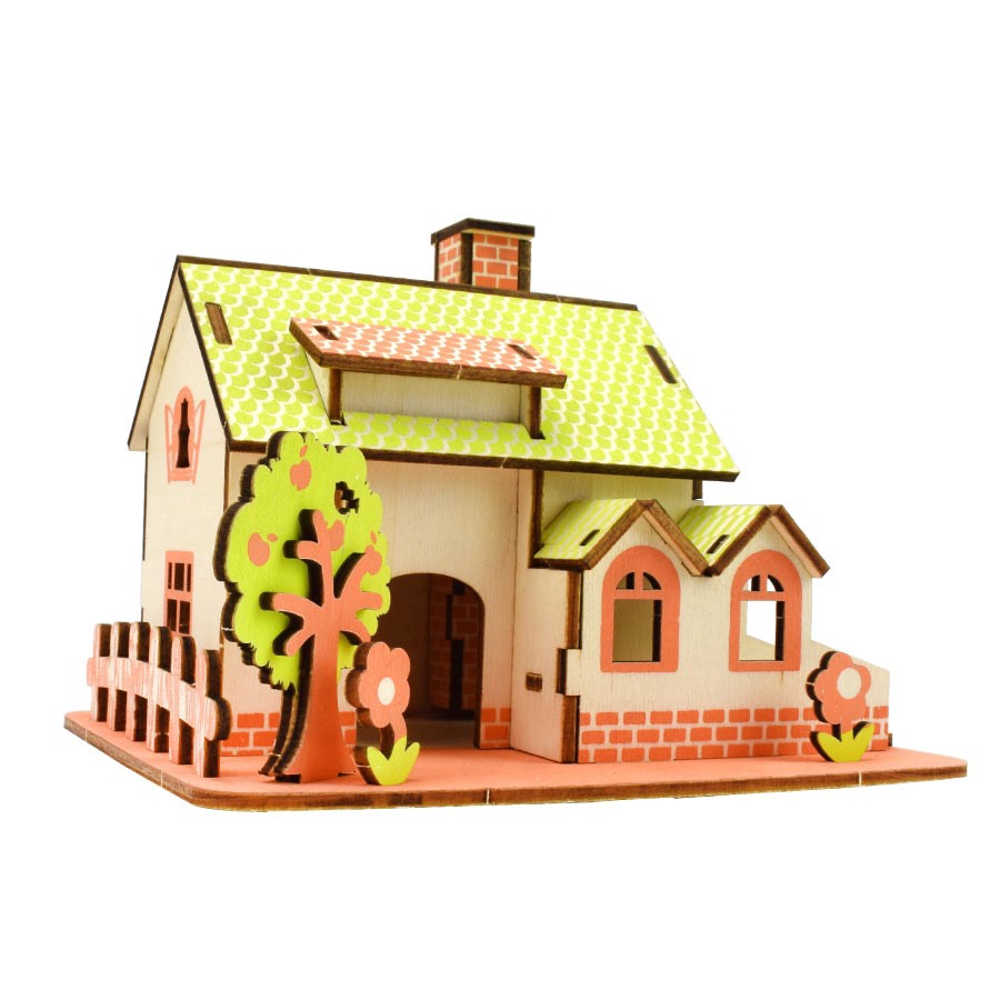 Puzzle Simulation Model - Wooden Puzzle Green Apple House - Pazel Kayu