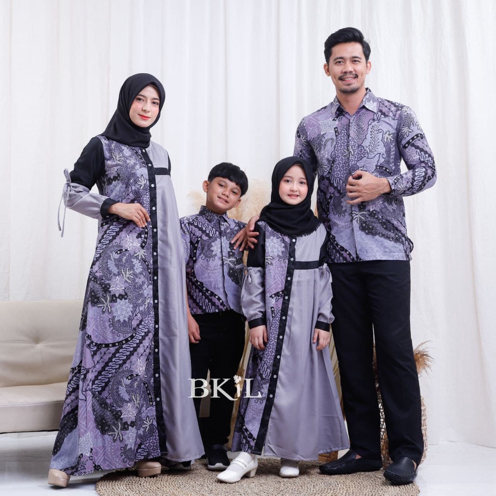 Baju Batik Couple Keluarga Modern Motif Lavender Lilac Set Seragam Sarimbit Family Pasangan Suami Is