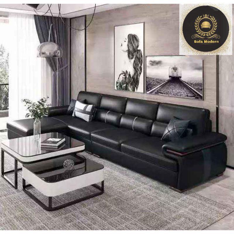 Sofa Kulit Letter L Hitam Minimalis Ruang Tamu Super Kuat Mewah Elegant Model Terbaru