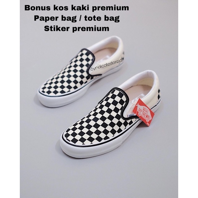 BONUS TAS!!! SEPATU VANS SLIP ON CHECKERBOARD PREMIUM Black White SEPATU SLIP ON VANS CATUR