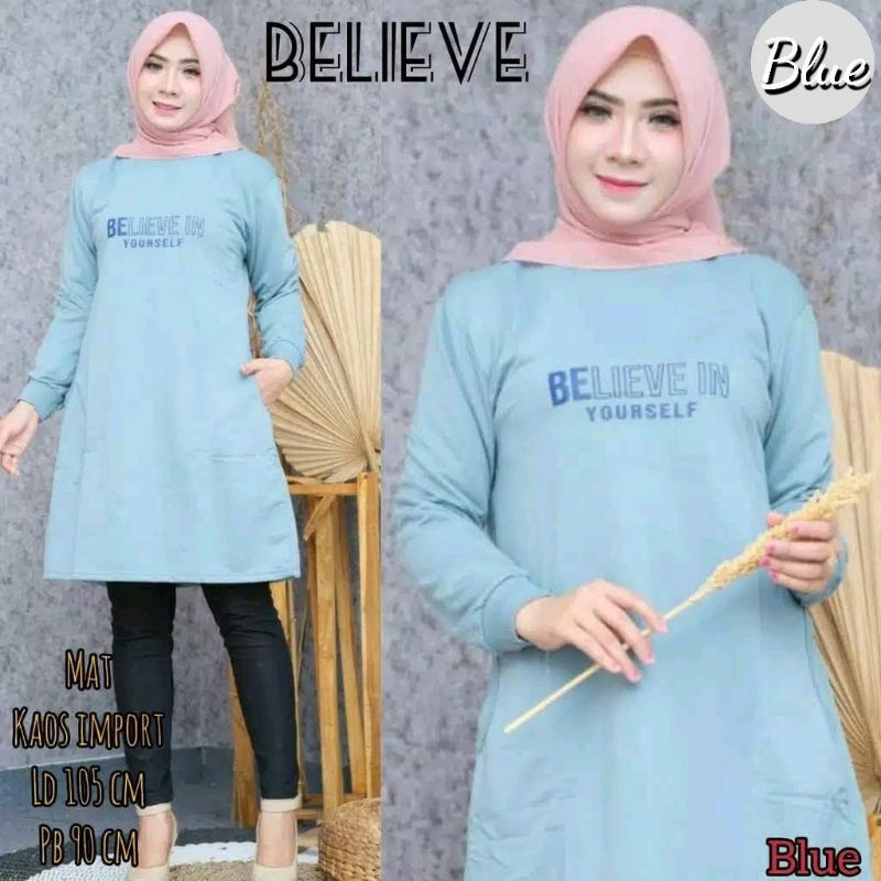 JF Tunik Kaos Wanita Lengan Panjang Dewasa Terbaru Babyterry BELIEVE IN