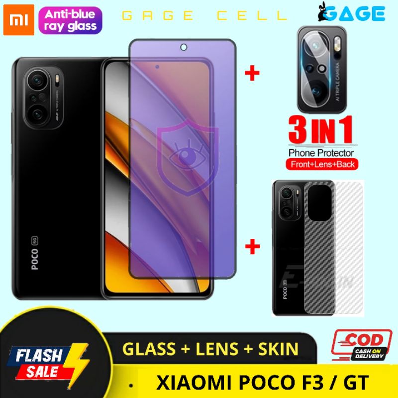 PAKET 3 IN 1 TEMPERED GLASS ANTI RADIASI BLUE LIGHT XIAOMI POCO F3 GT FULL LAYAR KAMERA SKIN