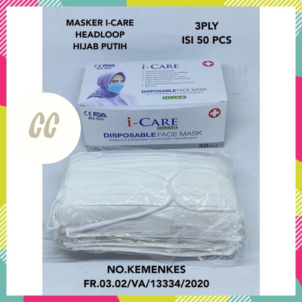 Masker Headloop 3ply Hijab Masker Putih Headloop Disposable Mask 3 ply Masker Hijab White Non Medis