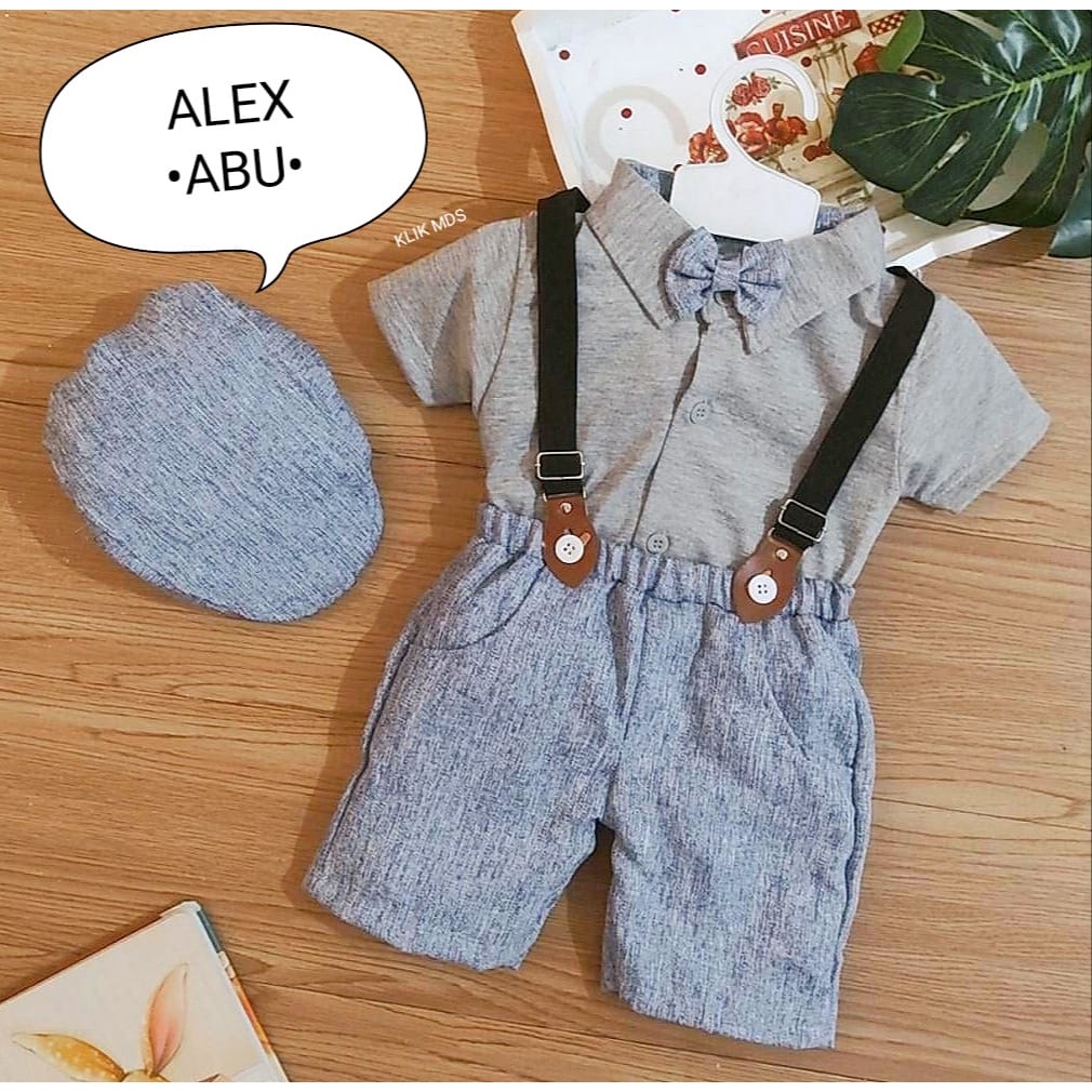 Jumper Anak Bayi Laki-laki / Setelan anak celana suspender  Motif Alex Free Dasi Dan Topi