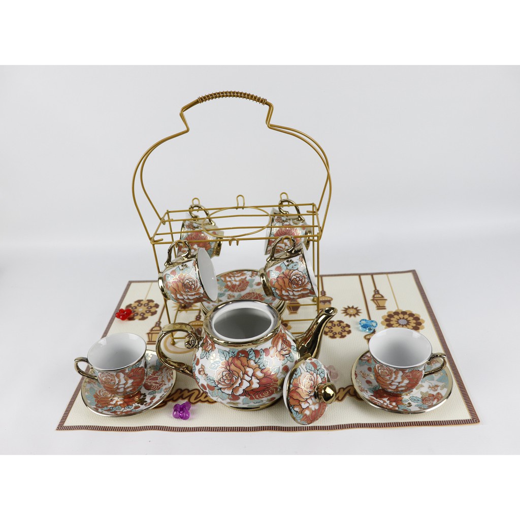 TEKO CANGKIR SET 12pc + RAK / TEA SET MOTIF BUNGA