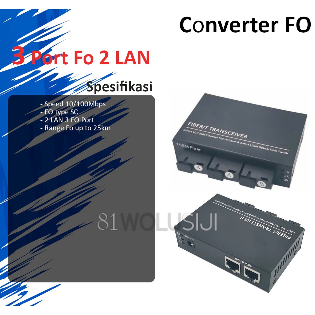 Converter 3 Port FO 2 Port LAN 10/100Mbps Base Fast Ethernet Fiber Optic