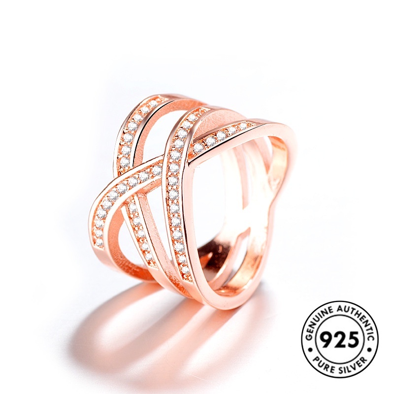 Cincin Sterling Silver 925 Model Kepang Warna Rose Gold Dengan Berlian Imitasi Untuk Wanita