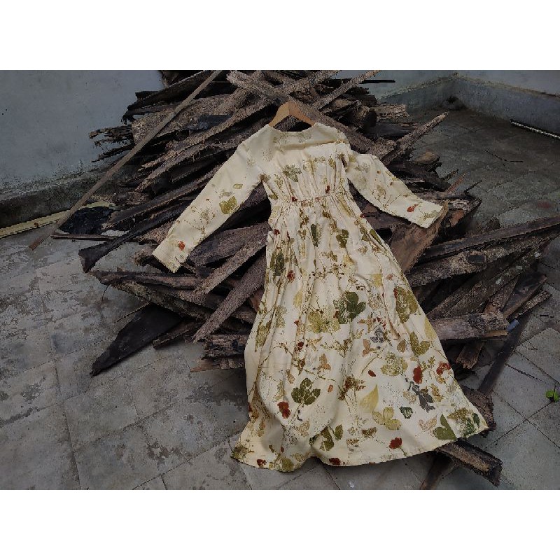 Gamis Eco Spring custom bahan rayon adem jatuh hasil ecoprint anti luntur