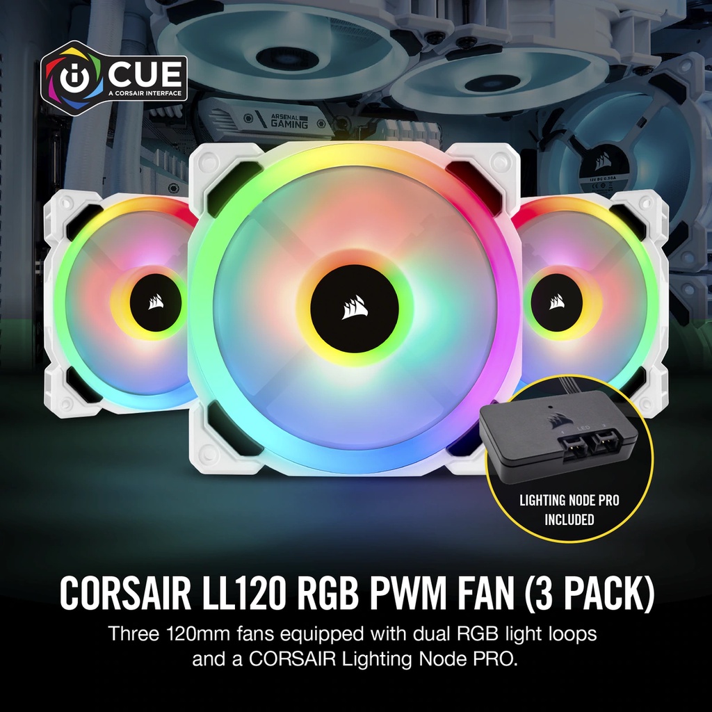 Corsair LL120 iCue RGB 120mm Dual Light Loop PWM White Fan - 3 Pack with Lighting Node CORE