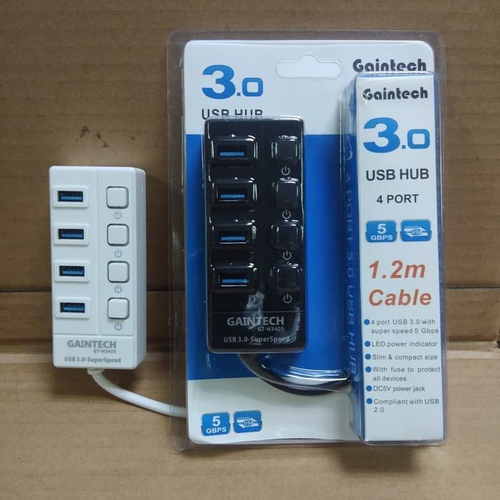 USB 3.0 HUB 4 Port ON-OF Gaintech Kabel 1.2M - Super Speed GT-H3405 - Putih