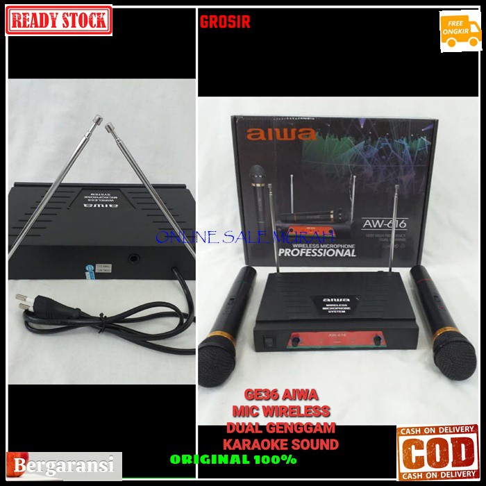 G36 Aiwa naiwa mic wireless system wireles sistem karaoke vokal vocal microphone mic mikrophone profesional pro sound audio panggung dj studio G36  1receiver +2 mic BISA DIGUNAKAN SEGALA JENIS AUDIO SOUN  Sepasang 2 unit mic handle pegang jarak 20 - 30 me