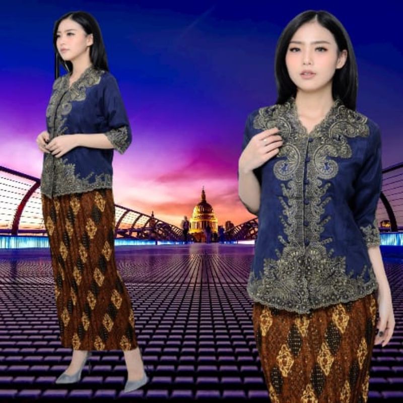 Promo kebaya Encim senada modern silky Korea import aplikasi brukat renda bordir-7