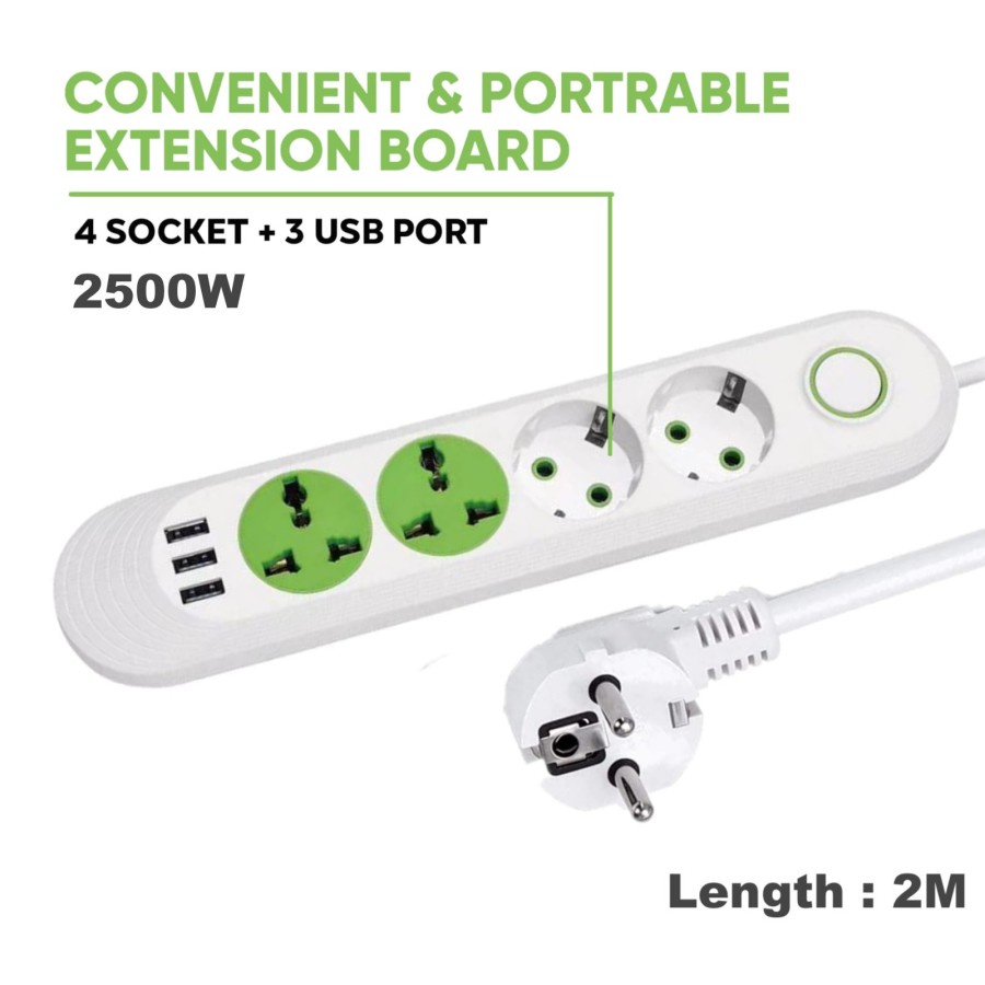 Lucky Hawk F01U 2M Power Strip Stop Kontak 4 Power Socket 3 USB Port