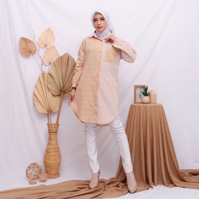 TUNIK KOMBINASI KOTAK MIX POLOS ABG FASHION MUSLIM