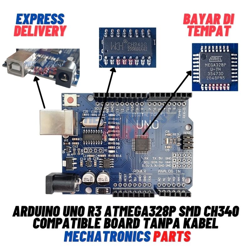 ARDUINO UNO R3 ATMEGA328P SMD CH340 COMPATIBLE BOARD TANPA KABEL