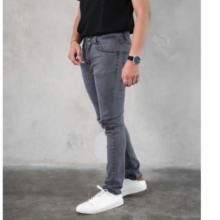 vhc -14 [ Bisa Bayar Ditempat ] CELANA JEANS PANJANG SOBEK LUTUT PRIA Dark Grey // SoftJeans ❋