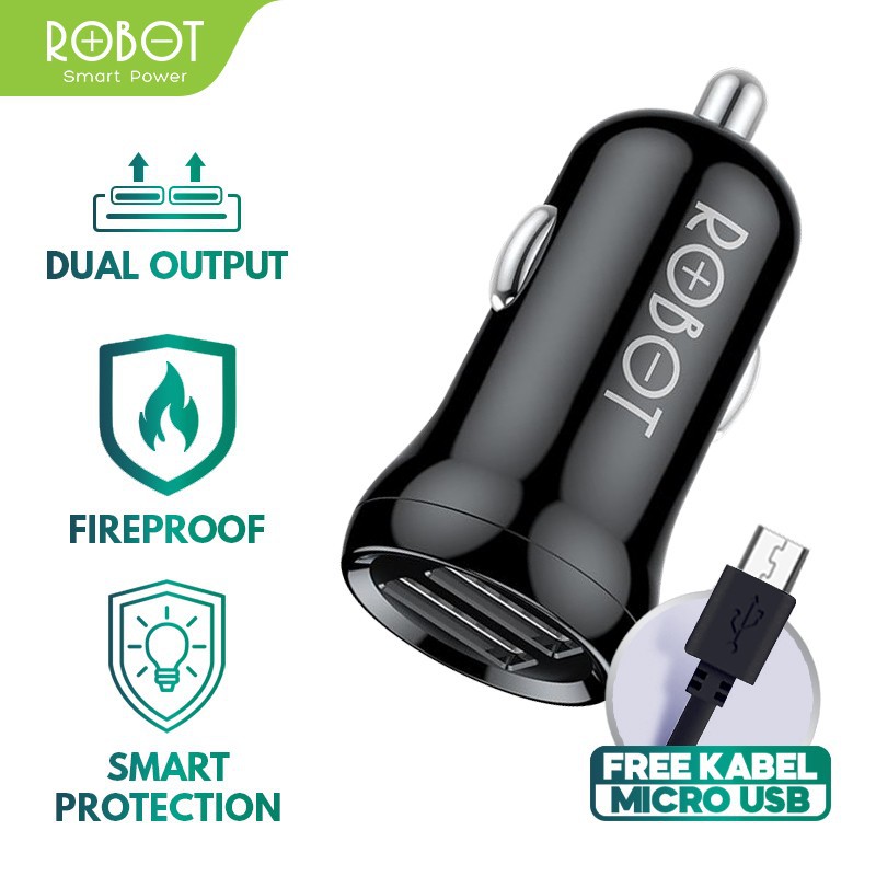 Car Charger Dual Output ROBOT RT-C07 - Free Kabel Micro USB - Original