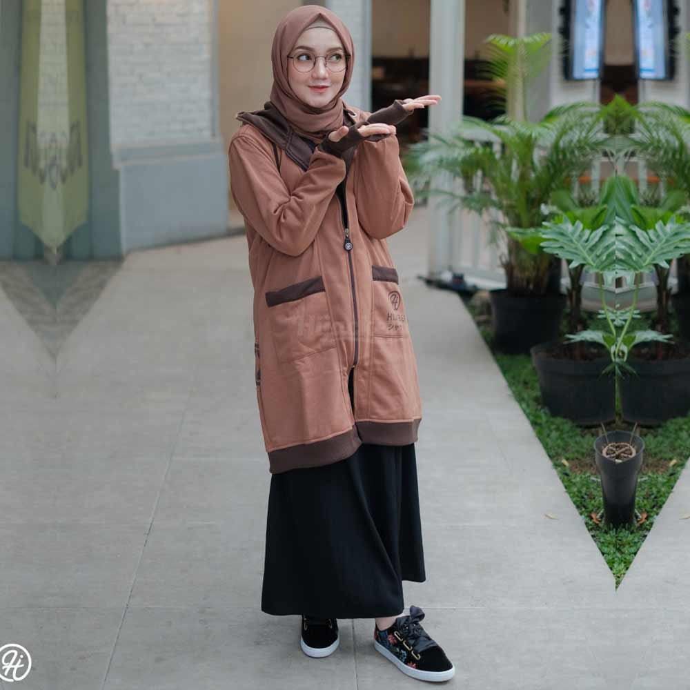 Jaket Hoodie Panjang Wanita Cewek Muslimah Hijaber Jacket Hijab Roundhand Finger Hijacket YK Coklat-6