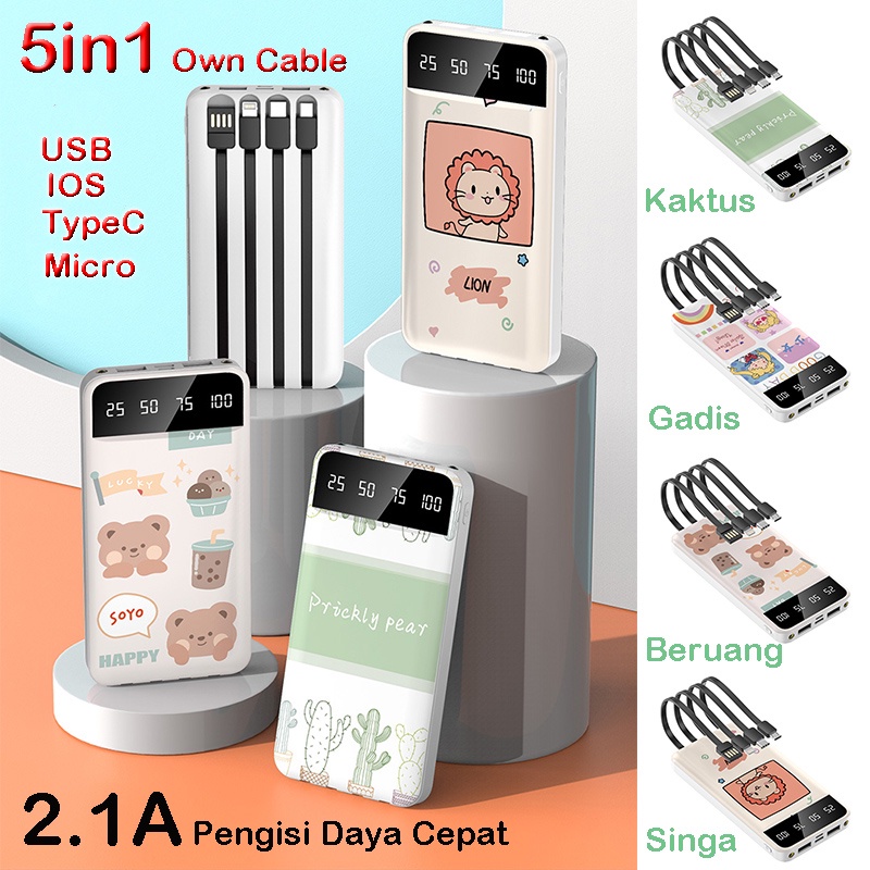 PowerBank 15000mAh Fast Charging Power Bank LED Digital Display Portable Mini PowerBank Built in Cable 5in1 Type C USB Lightning Micro
