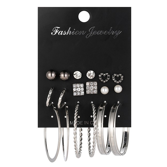 LRC Anting Set Fashion Silver Pearl Leaf Geometric Earring Set F88399