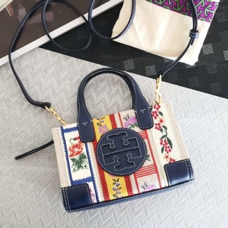Authentic  Tory Burch 75206 Ella Webbing Patchwork Micro Tote Bag