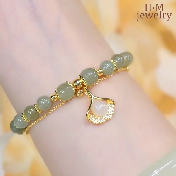 Gelang Giok Hetian Bentuk Daun Ginkgo Model Lapis Ganda Warna Aprikot