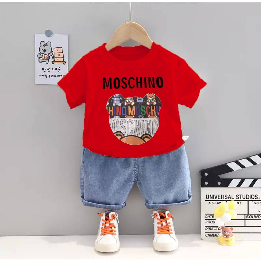 PROMO SETELAN BAJU ANAK MOTIF MOSCHINO CELANA DENIM 1-5 TAHUN SETELAN BAJU ANAK LAKI LAKI DAN PEREMPUAN TERBARU/SET UNISEX/UNISEX