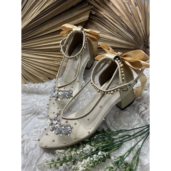 sepatu wanita wedding v merrisa gold tali pita 5cm tahu