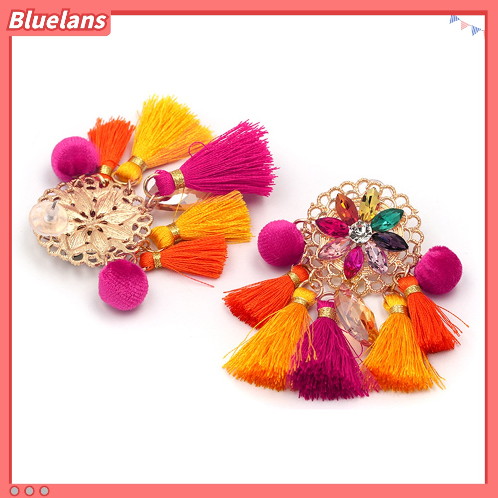 Anting Stud Panjang Rumbai Pompom Berlian Imitasi Gaya Boho Untuk Wanita