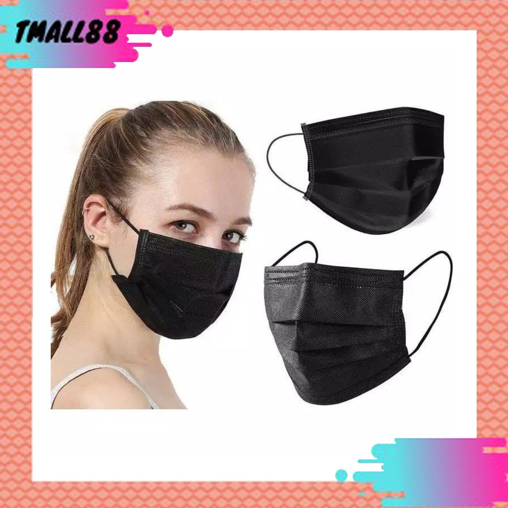 Masker Medis Disposable 3Ply Black Color ( Hitam ) 1Box Isi 50Pcs Masker TMALL88