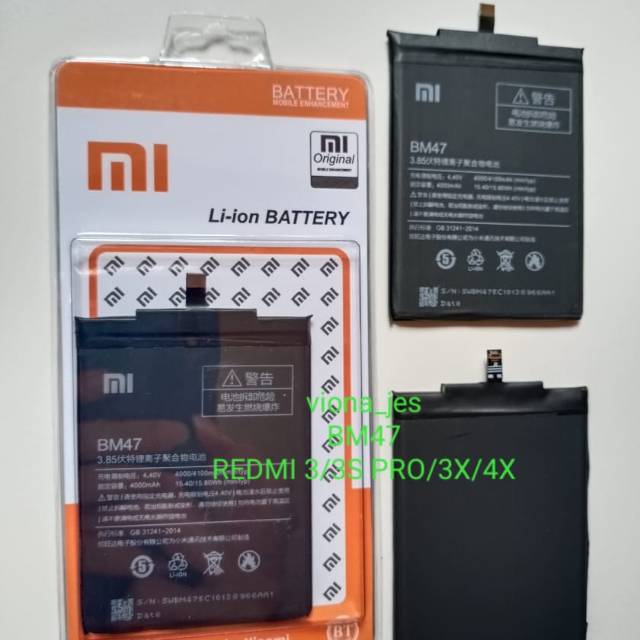 baterai xiaomi redmi 3 / 3s /3 pro / 3 prime baterai xiaomi redmi 4x baterai xiaomi bm47