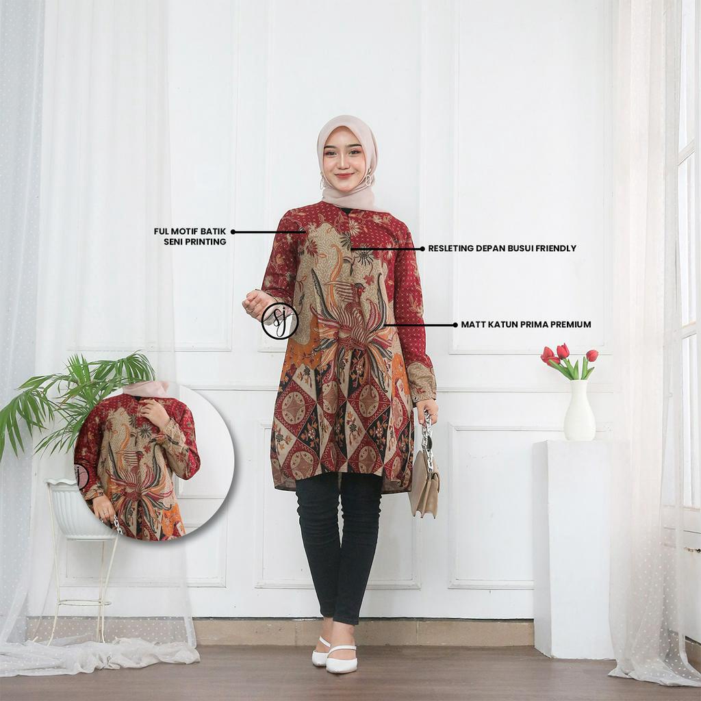 SAROJA | Couple Tunik Keluarga Alisa Merah | Couple Tunik Batik | Couple Tunik Pasangan | Couple Tunik Ibu Anak Perempuan | Dress Lengan Panjang