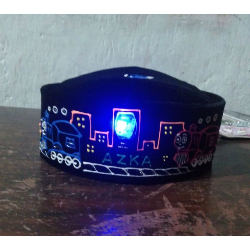 songkok lukis susun thomas apilkasi LED nyala lampu gratis nama anak, kopiah kereta api, peci tomas