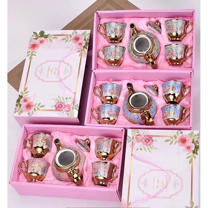 Set Cangkir Teko Teapot Piring Set 5 IN 1 Keramik PREMIUM Europa Classic Style / Parcel Kado Cangkir