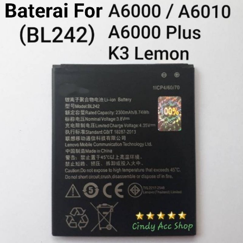 Baterai Lenovo Type BL242 A6000 A6010 A6000 Plus K3 Lemon Battery Batre