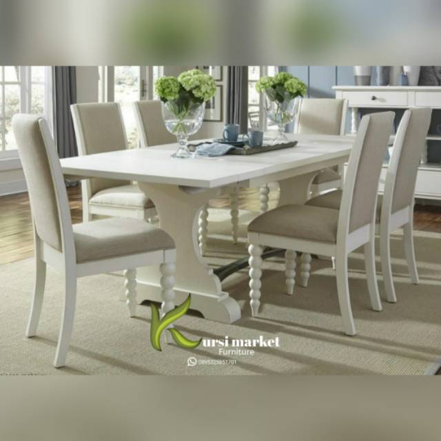 Set meja & kursi makan warna putih duco kursi 6 bahan kayu jati asli jepara