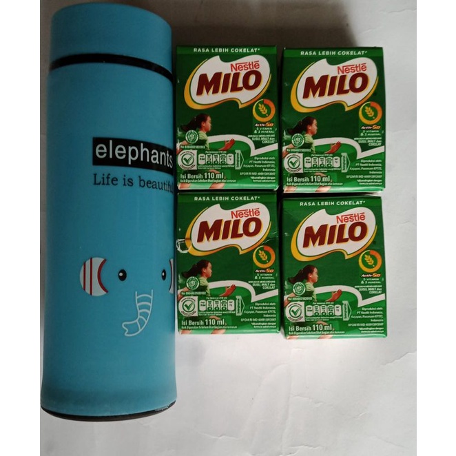 

paket susu uht milo 110ml 4pcs + botol kaca animal